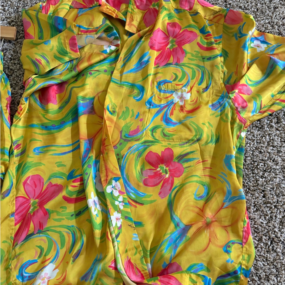 Balenciaga Yellow Floral Button-Front Maxi Dress with Pink & Blue Accents
